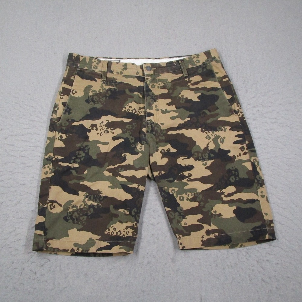 Volcom Corpo Class Mens Camo Leopard Print Chino Shorts Green Brown Size 32
